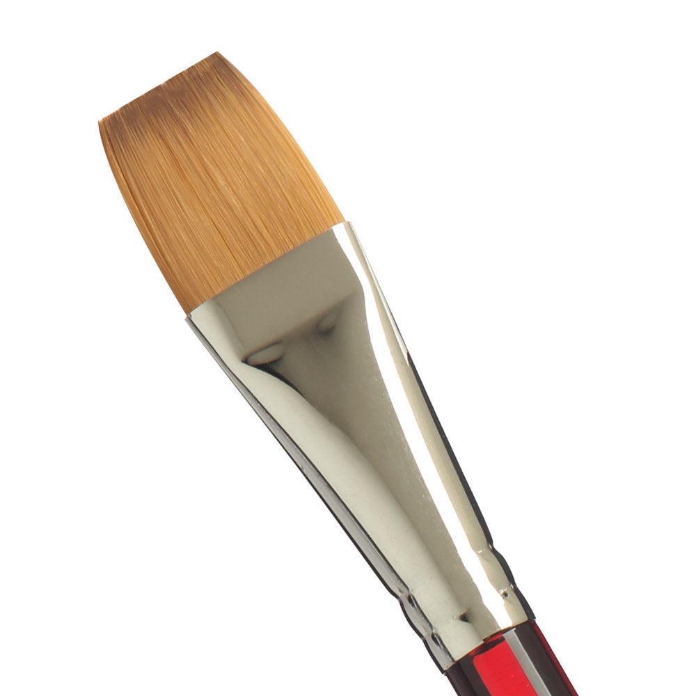 close up photograph of Flat Wash, 3/4 Inch - Velvetouch All Media Paint Brush by Princeton... artist quality paint brush with flexible synthetic bristles in a flat brush-head with a tapered straight tip. Acrylic red handle with a smooth, lightweight and balanced feel. Ideal for painting, crafting, visual arts.