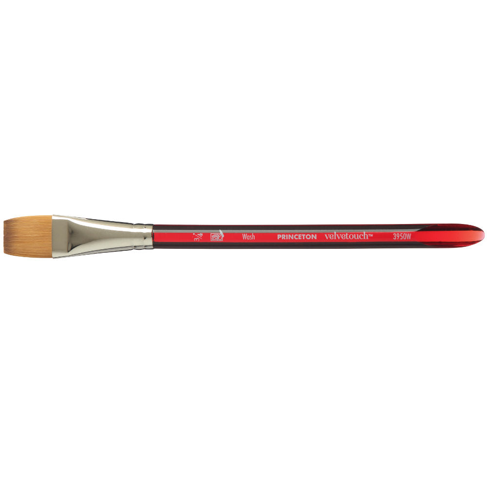 Flat Wash, 3/4 Inch - Velvetouch All Media Paint Brush by Princeton... artist quality paint brush with flexible synthetic bristles in a flat brush-head with a tapered straight tip. Acrylic red handle with a smooth, lightweight and balanced feel. Ideal for painting, crafting, visual arts.