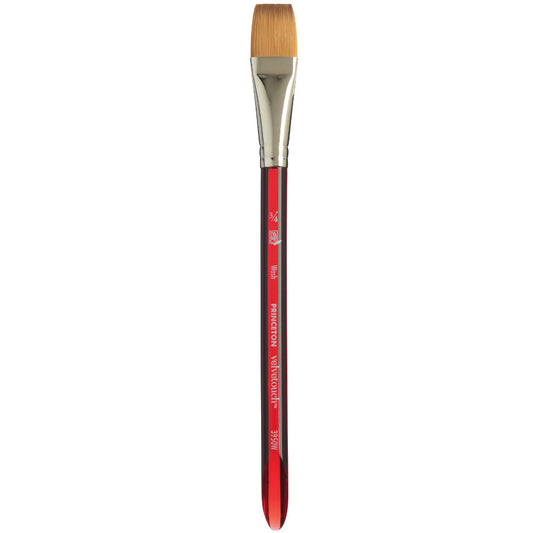 Flat Wash, 3/4 Inch - Velvetouch All Media Paint Brush by Princeton... artist quality paint brush with flexible synthetic bristles in a flat brush-head with a tapered straight tip. Acrylic red handle with a smooth, lightweight and balanced feel. Ideal for painting, crafting, visual arts.