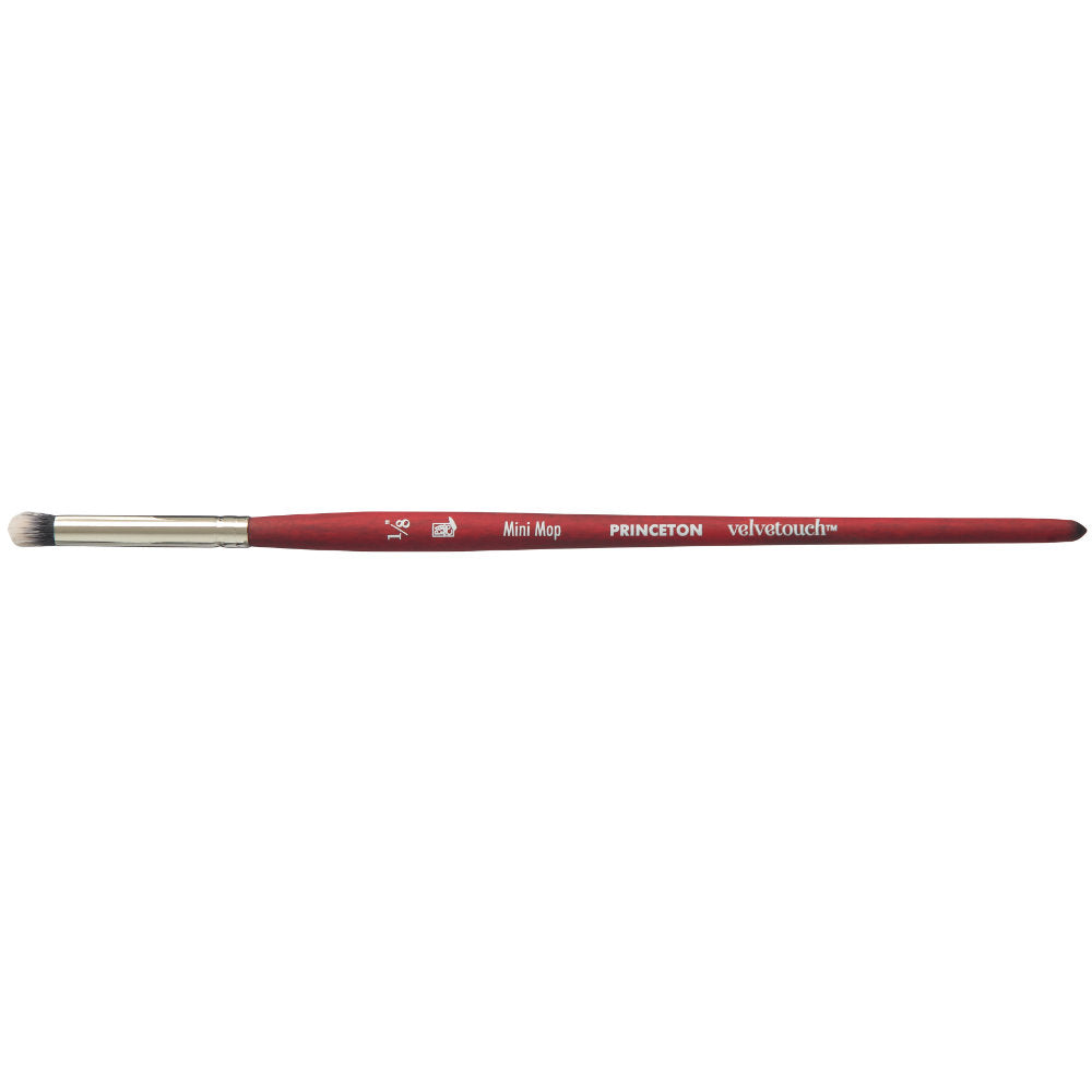 Mini Mop, 1/8" - Velvetouch All Media Paint Brush by Princeton... artist quality paint brush with flexible synthetic bristles in a round base with very soft fine bristles and domed tip. Wooden handle with a velvety, lightweight and balanced feel. Ideal for painting, crafting, visual arts.