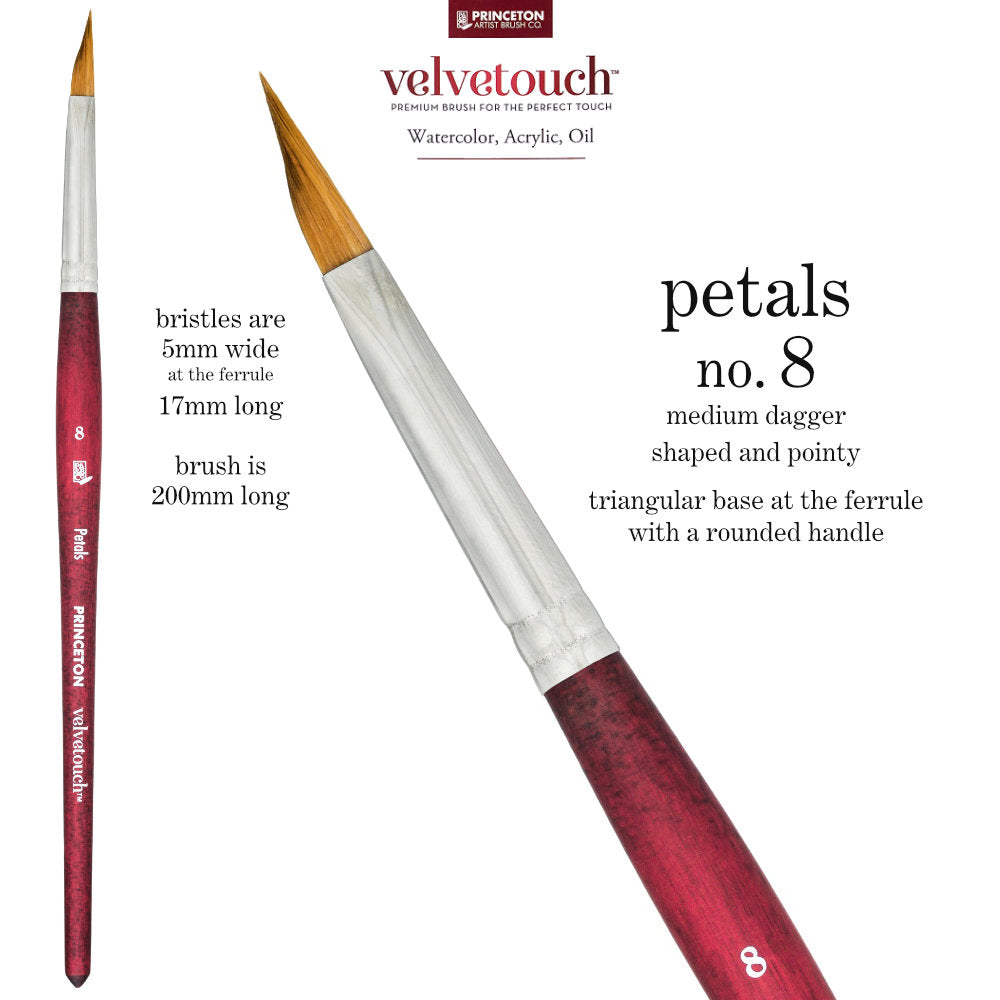 Petals (Dagger) no.8 - Velvetouch All Media Paint Brush by Princeton... artist quality paint brush with flexible synthetic bristles as a triangular brush-head with a sharply tapered, shapely pointy tip. Wooden handle with a velvety, lightweight and balanced feel. Ideal for painting, crafting, visual arts.