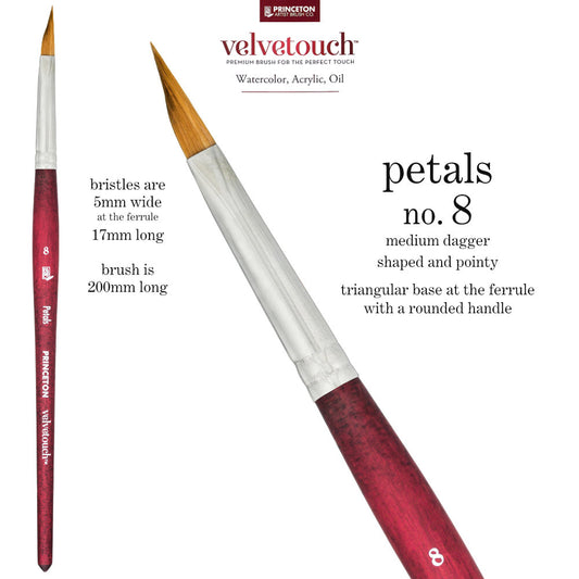 Petals (Dagger) no.8 - Velvetouch All Media Paint Brush by Princeton... artist quality paint brush with flexible synthetic bristles as a triangular brush-head with a sharply tapered, shapely pointy tip. Wooden handle with a velvety, lightweight and balanced feel. Ideal for painting, crafting, visual arts.