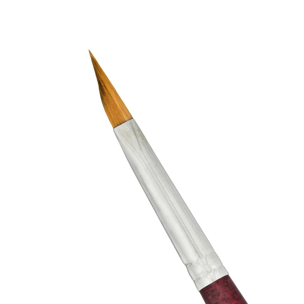 close up photograph of Petals (Dagger) no.8 - Velvetouch All Media Paint Brush by Princeton... artist quality paint brush with flexible synthetic bristles as a triangular brush-head with a sharply tapered, shapely pointy tip. Wooden handle with a velvety, lightweight and balanced feel. Ideal for painting, crafting, visual arts.