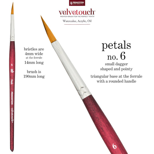 Petals (Dagger) no.6 - Velvetouch All Media Paint Brush by Princeton... artist quality paint brush with flexible synthetic bristles as a triangular brush-head with a sharply tapered, shapely pointy tip. Wooden handle with a velvety, lightweight and balanced feel finished with a rust resistant metal ferrule. Ideal for acrylic paint, watercolour, inks, oils, mixed media, visual arts.