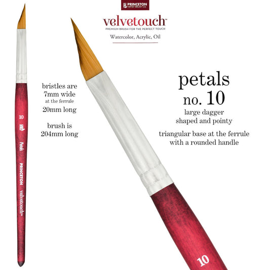 Petals (Dagger) no.10, large - Velvetouch All Media Paint Brush by Princeton... artist quality paint brush with flexible synthetic bristles as a triangular brush-head with a sharply tapered, shapely pointy tip. Wooden handle with a velvety, lightweight and balanced feel finished with a rust resistant metal ferrule. Ideal for acrylic paint, watercolour, inks, oils, mixed media, visual arts.