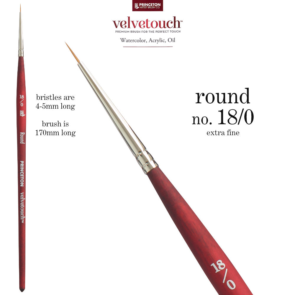 Round no.18/0 (extra fine, small) - Velvetouch All Media Paint Brush by Princeton Artist Brush Co. Artist quality paint brush with flexible synthetic bristles in a traditional round shape, tapered to a point. Rust resistant metal ferrule and wooden handle with a velvety, lightweight and balanced feel. Ideal for acrylic, watercolour, inks and oil paints, crafts, mixed media, visual arts.