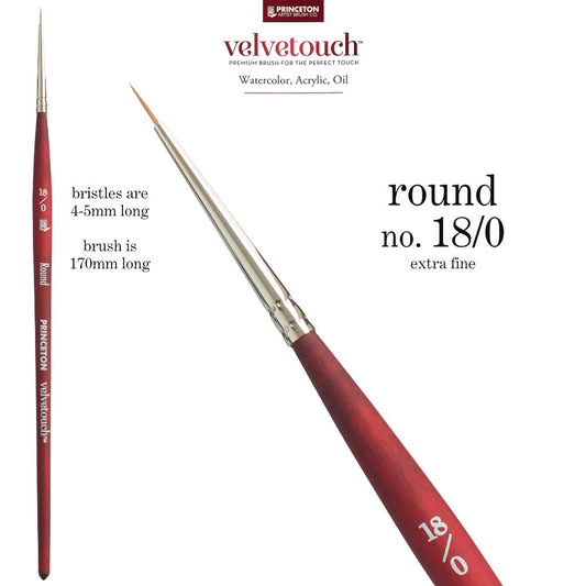 Round no.18/0 (extra fine, small) - Velvetouch All Media Paint Brush by Princeton Artist Brush Co. Artist quality paint brush with flexible synthetic bristles in a traditional round shape, tapered to a point. Rust resistant metal ferrule and wooden handle with a velvety, lightweight and balanced feel. Ideal for acrylic, watercolour, inks and oil paints, crafts, mixed media, visual arts.