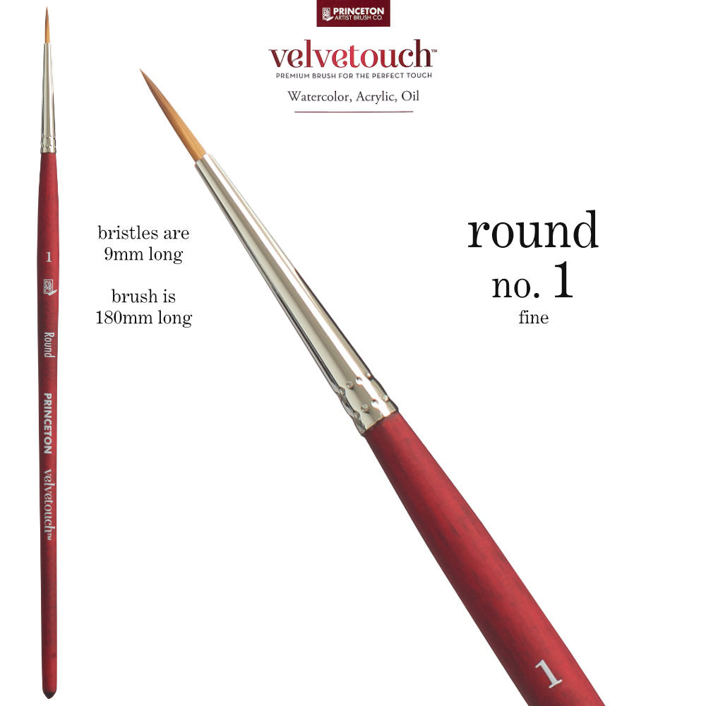 Round no.1 (small, fine) - Velvetouch All Media Paint Brush by Princeton Artist Brush Co. Artist quality paint brush with flexible synthetic bristles in a traditional round shape, tapered to a point. Rust resistant metal ferrule and wooden handle with a velvety, lightweight and balanced feel. Ideal for acrylic, watercolour, inks and oil paints, crafts, mixed media, visual arts.