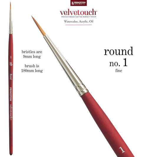 Round no.1 (small, fine) - Velvetouch All Media Paint Brush by Princeton Artist Brush Co. Artist quality paint brush with flexible synthetic bristles in a traditional round shape, tapered to a point. Rust resistant metal ferrule and wooden handle with a velvety, lightweight and balanced feel. Ideal for acrylic, watercolour, inks and oil paints, crafts, mixed media, visual arts.