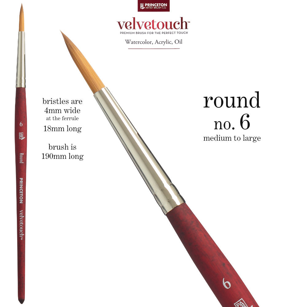 Round no.6 (medium) - Velvetouch All Media Paint Brush by Princeton Artist Brush Co. Artist quality paint brush with flexible synthetic bristles in a traditional round shape, tapered to a point. Rust resistant metal ferrule and wooden handle with a velvety, lightweight and balanced feel. Ideal for acrylic, watercolour, inks and oil paints, crafts, mixed media, visual arts.