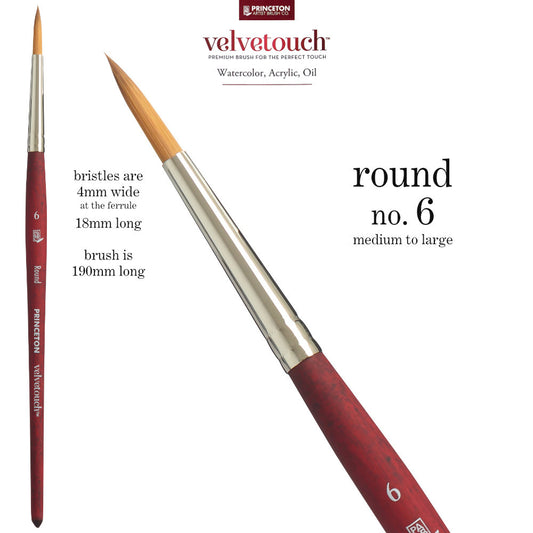 Round no.6 (medium) - Velvetouch All Media Paint Brush by Princeton Artist Brush Co. Artist quality paint brush with flexible synthetic bristles in a traditional round shape, tapered to a point. Rust resistant metal ferrule and wooden handle with a velvety, lightweight and balanced feel. Ideal for acrylic, watercolour, inks and oil paints, crafts, mixed media, visual arts.