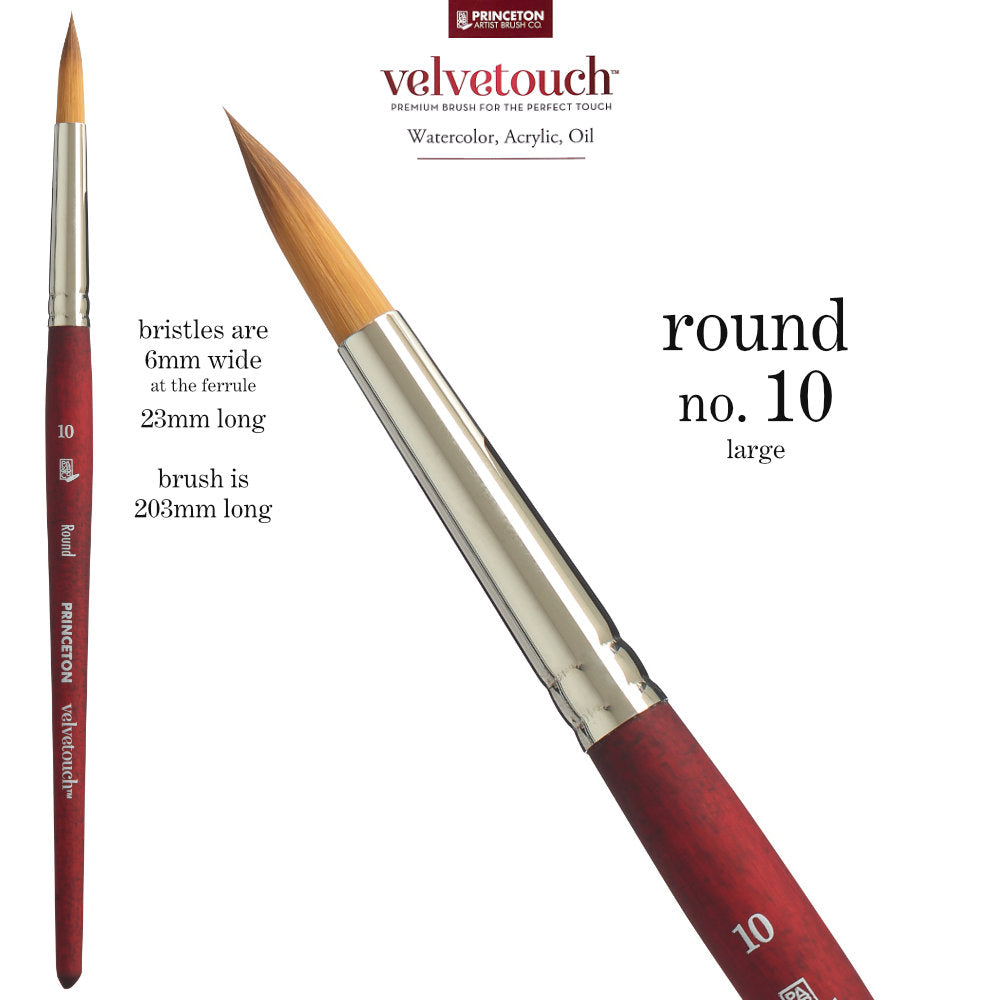 Round no.10 (large) - Velvetouch All Media Paint Brush by Princeton Artist Brush Co. Artist quality paint brush with flexible synthetic bristles in a traditional round shape, tapered to a point. Rust resistant metal ferrule and wooden handle with a velvety, lightweight and balanced feel. Ideal for acrylic, watercolour, inks and oil paints, crafts, mixed media, visual arts.