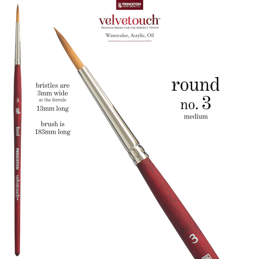 Round no.3 (medium) - Velvetouch All Media Paint Brush by Princeton Artist Brush Co. Artist quality paint brush with flexible synthetic bristles in a traditional round shape, tapered to a point. Rust resistant metal ferrule and wooden handle with a velvety, lightweight and balanced feel. Ideal for acrylic, watercolour, inks and oil paints, crafts, mixed media, visual arts.