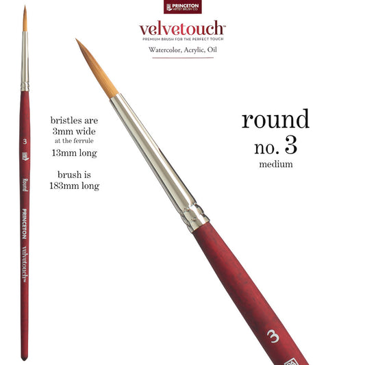 Round no.3 (medium) - Velvetouch All Media Paint Brush by Princeton Artist Brush Co. Artist quality paint brush with flexible synthetic bristles in a traditional round shape, tapered to a point. Rust resistant metal ferrule and wooden handle with a velvety, lightweight and balanced feel. Ideal for acrylic, watercolour, inks and oil paints, crafts, mixed media, visual arts.