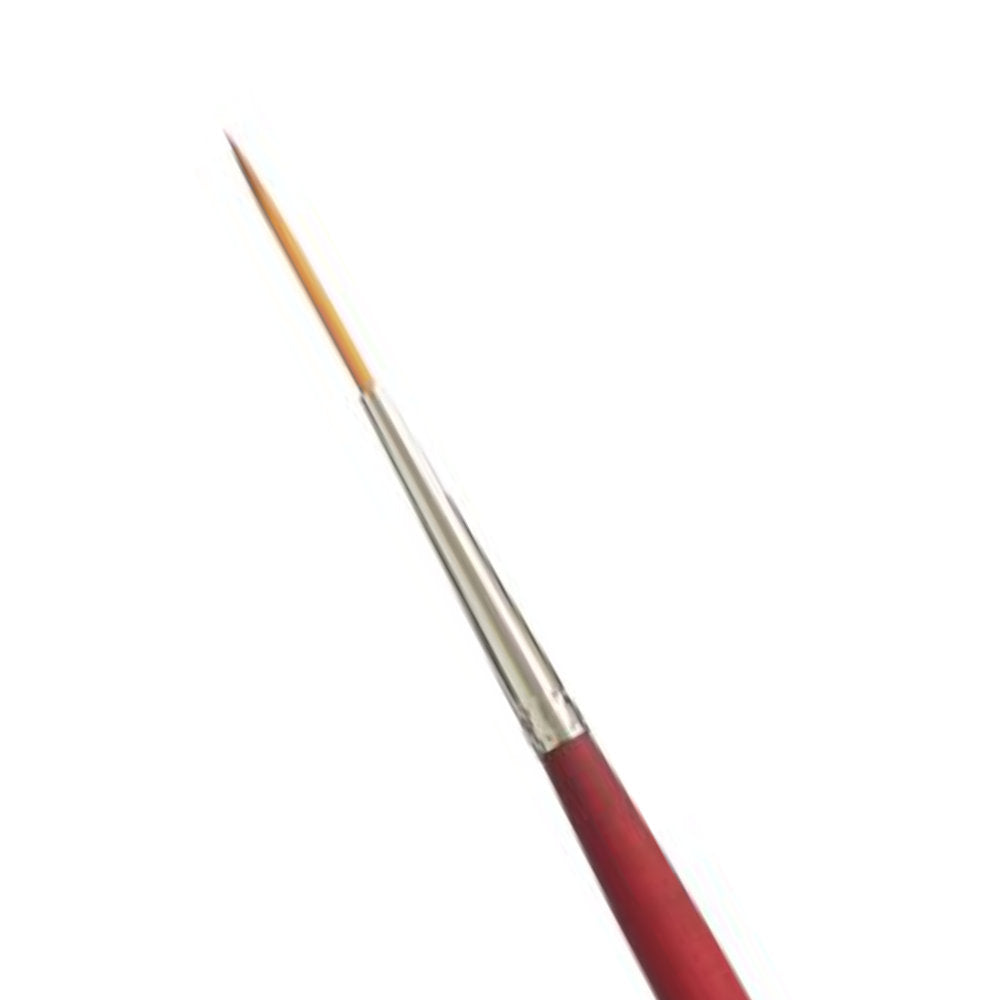 close up photograph of Script Liner no.2 - Velvetouch All Media Paint Brush by Princeton... artist quality paint brush with flexible synthetic bristles in a round base with very long tapered tip. Wooden handle with a velvety, lightweight and balanced feel. Ideal for painting, crafting, visual arts.