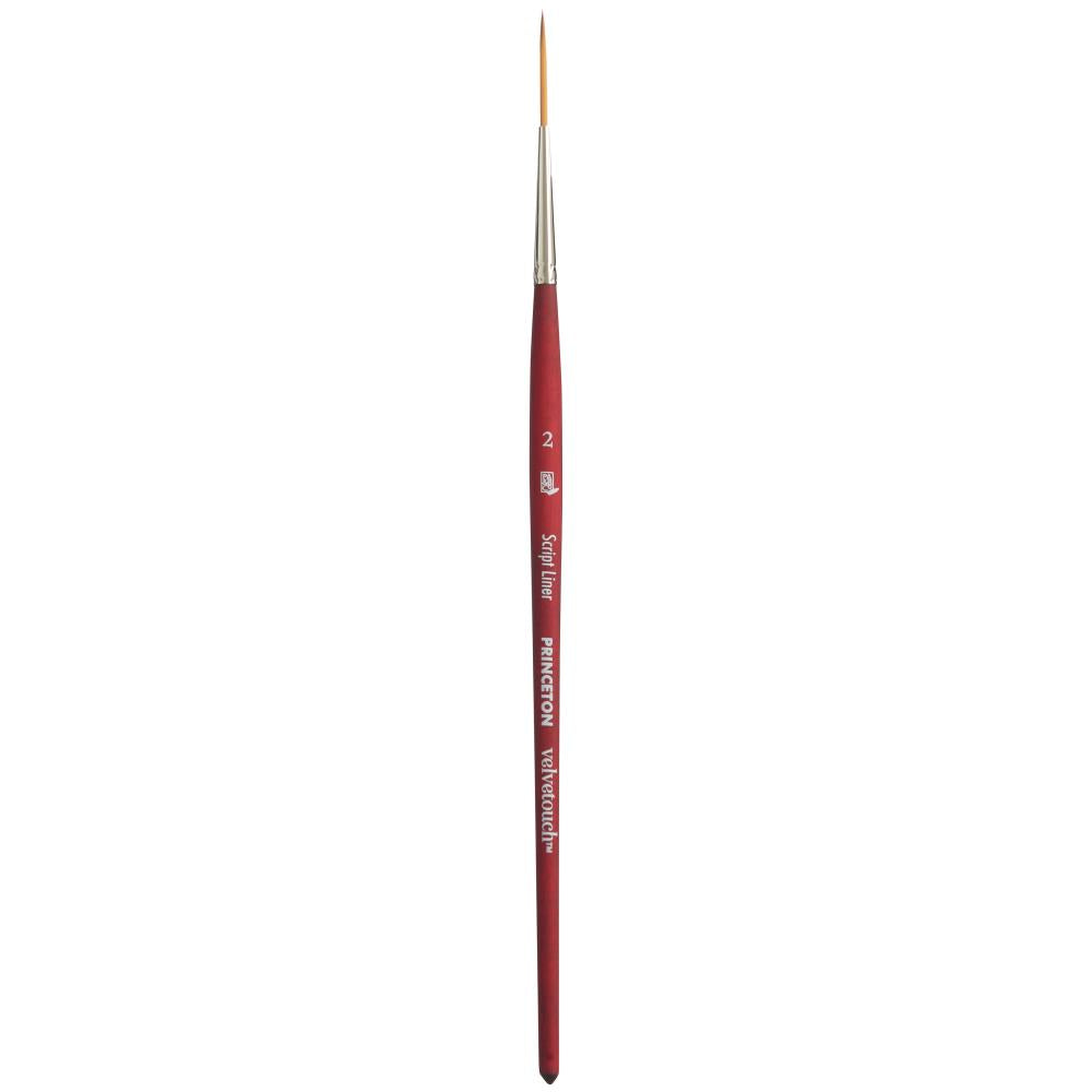 Script Liner no.2 - Velvetouch All Media Paint Brush for acrylics, watercolour, inks and oils. Princeton Artist Brush Co. Artist quality paint brush with flexible synthetic bristles and very long fine tapered tip. Rust resistant ferrule, wooden handle with a velvety, lightweight and balanced feel. Ideal for lettering, line work, painting, visual arts.