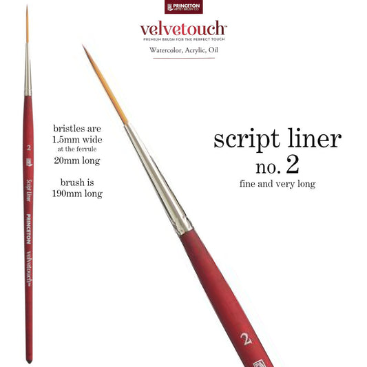 Script Liner no.2 - Velvetouch All Media Paint Brush for acrylics, watercolour, inks and oils. Princeton Artist Brush Co. Artist quality paint brush with flexible synthetic bristles and very long fine tapered tip. Rust resistant ferrule, wooden handle with a velvety, lightweight and balanced feel. Ideal for lettering, line work, painting, visual arts.