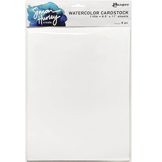 Watercolour Paper ... by Simon Hurley and Ranger - heavyweight 110lb bright white cardstock designed to handle watersoluble mediums with ease. Pack of 8 (eight) sheets, each 8 1/2" x 11" (almost A4). This is a versatile smooth creative surface for stamping, painting, collage, mixed media, scrapbooking, journal making, bookmaking, cards and tags, creating all kinds of visual papercraft arts for any occasion throughout the year.