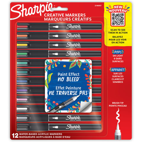 Sharpie Creative Markers - Brush Tip. 12 (twelve) paint pens, assorted colours (one of each). Line width is varied from very fine to wide, approx 1mm to 2.5mm wide, depending on pressure applied. Waterbased creative paint pens which do not need priming and work on all surfaces, drying to a permanent, water resistant, fade resistant finish. Does not bleed through paper and works on both light and dark surfaces.