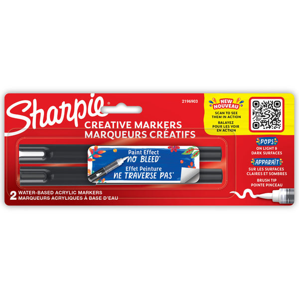 Sharpie Creative Markers - Black and White paint pens, Brush Tip . Varied fine to medium line weight - Waterbased creative paint pens which do not need priming and work on all surfaces, drying to a permanent, water resistant, fade resistant finish. Does not bleed through paper and works on both light and dark surfaces.