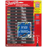 Sharpie Creative Markers - 12 (twelve) Bullet Tip paint pens, assorted colours including black, white, grey, pink, purple, blue, teal, light blue, green, yellow, orange, red (one of each colour). Waterbased creative acrylic paint markers which do not need priming and work on all surfaces, drying to a permanent, water resistant, fade resistant finish. Does not bleed through paper and works on both light and dark surfaces. Line width is approx 1.5mm to 2.5mm wide, depending on pressure applied.