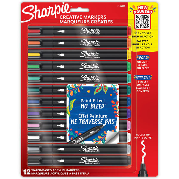 Sharpie Creative Markers - 12 (twelve) Bullet Tip paint pens, assorted colours including black, white, grey, pink, purple, blue, teal, light blue, green, yellow, orange, red (one of each colour). Waterbased creative acrylic paint markers which do not need priming and work on all surfaces, drying to a permanent, water resistant, fade resistant finish. Does not bleed through paper and works on both light and dark surfaces. Line width is approx 1.5mm to 2.5mm wide, depending on pressure applied.
