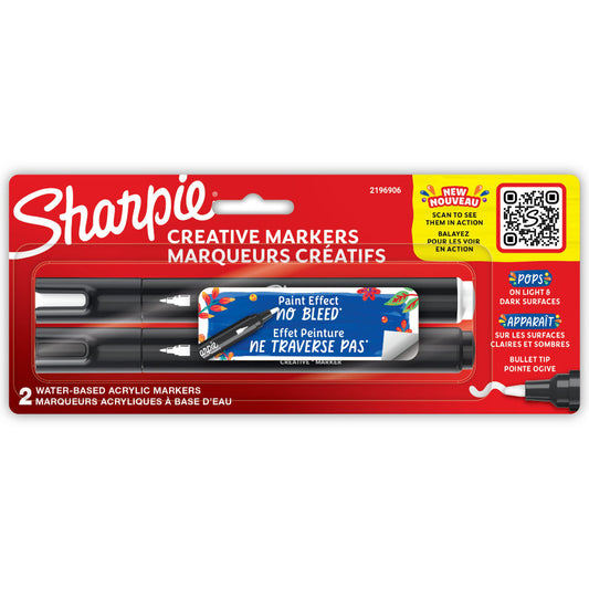 Sharpie Creative Markers - Black and White paint pens, Bullet Tip . Medium line weight - Waterbased creative paint pens which do not need priming and work on all surfaces, drying to a permanent, water resistant, fade resistant finish. Does not bleed through paper and works on both light and dark surfaces.