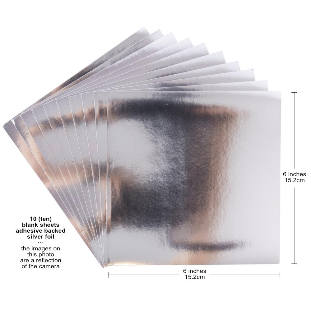 Aluminium Metal Sheets - by Sizzix ... adhesive backed, thin metal silver coloured foil for cardmaking, die cutting, mixed media and creative papercrafts. 10 (ten) sheets, 6"x6" square (15.2cm x 15.2cm) in size.  Adhesive backed Sizzix Effectz Aluminium Metal Sheets are square pieces of silver foil with a smooth reflective finish and an easy to peal backing sheet.
