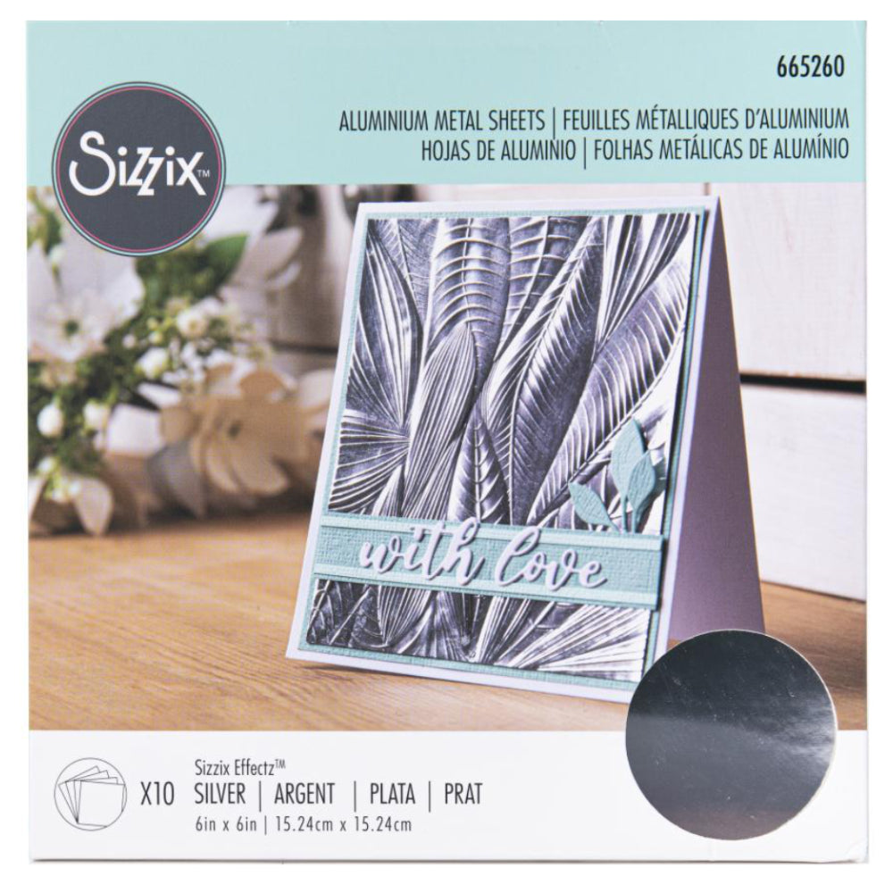 Aluminium Metal Sheets - by Sizzix ... adhesive backed, thin metal silver coloured foil for cardmaking, die cutting, mixed media and creative papercrafts. 10 (ten) sheets, 6"x6" square (15.2cm x 15.2cm) in size.  Adhesive backed Sizzix Effectz Aluminium Metal Sheets are square pieces of silver foil with a smooth reflective finish and an easy to peal backing sheet.