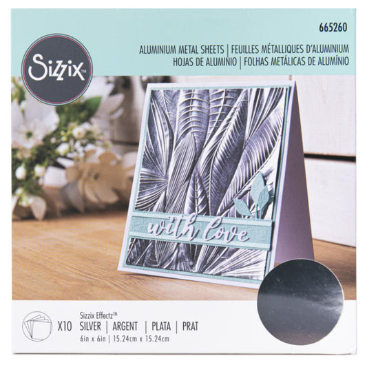 Aluminium Metal Sheets - by Sizzix ... adhesive backed, thin metal silver coloured foil for cardmaking, die cutting, mixed media and creative papercrafts. 10 (ten) sheets, 6"x6" square (15.2cm x 15.2cm) in size.  Adhesive backed Sizzix Effectz Aluminium Metal Sheets are square pieces of silver foil with a smooth reflective finish and an easy to peal backing sheet.