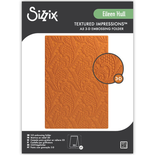 Lacy Leaves - Large, A5 (6in x 8.5in) ... 3D Textured Impressions Embossing Folder ... by Eileen Hull and Sizzix (no.666977). Create dimensional embossed texture for cards, journal pages, bookmaking, book covers, papercrafts and visual creative arts. This A5 (6" x 8 1/2", 15cm x 21.5cm) large embossing folder has a gorgeous background pattern which looks like a realistic lacework panel of petals, foliage and lines. Image of the cover.