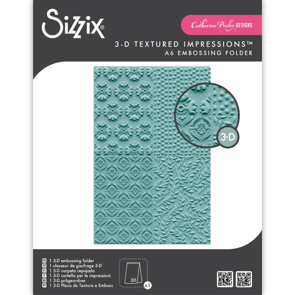 Posh Patterns - 3D Embossing Folder ... designed by Catherine Pooler for Sizzix (no.666828). The embossing folder is greeting card sized - A6 (113mm x 162mm), each design is 53mm x 80mm.
A fabulous way to create something different for a card or journal fodder, use as a single piece with 4 designs or emboss different patterns on smaller pieces at the same time.