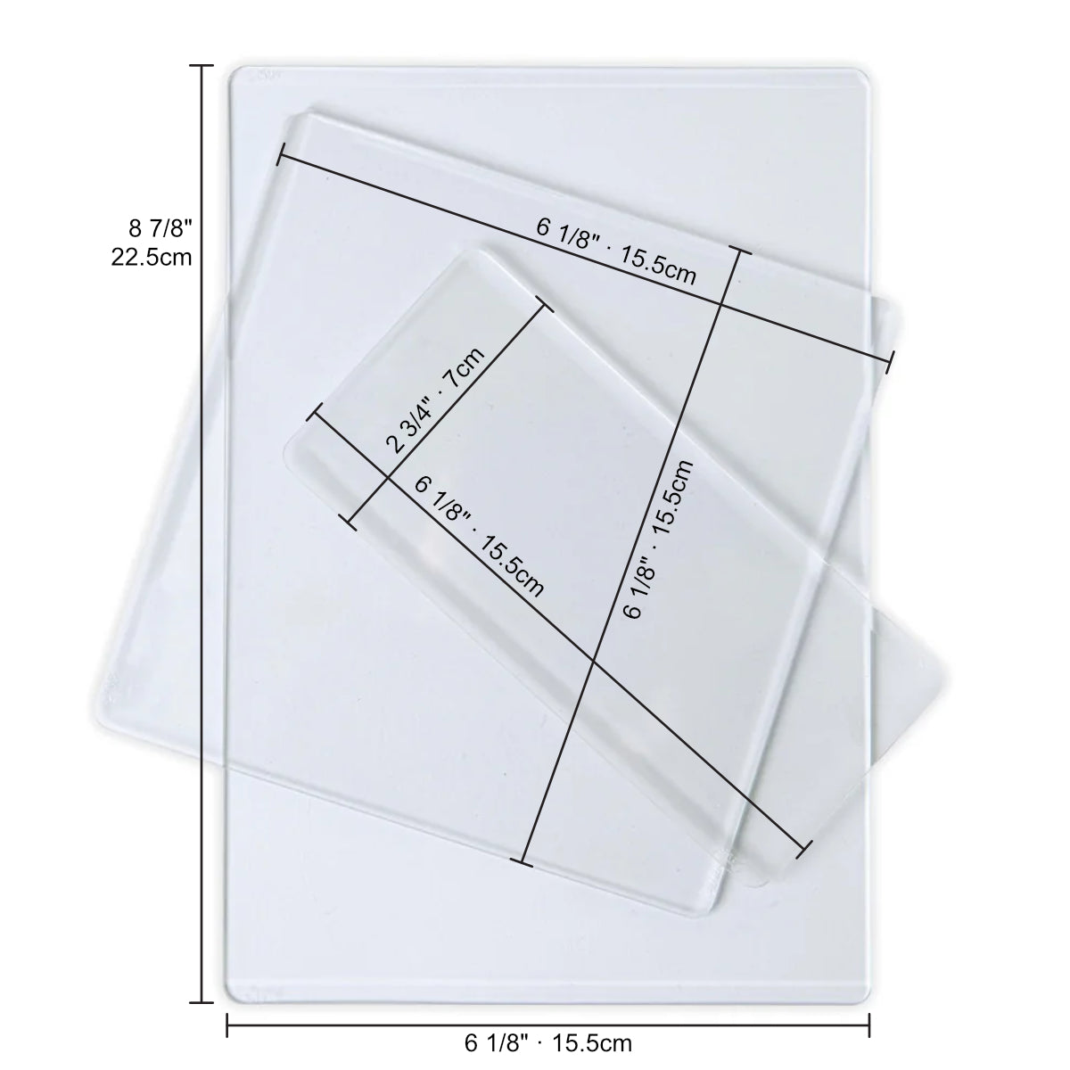 Clear Cutting Pads, Multipack of 3 Sizes ... by Sizzix. Clear plastic cutting plates to use with Sizzix steel-rule dies, wafer-thin dies and embossing folders. Sizes approx rectangle 8 7/8" x 6 1/8", square 6 1/8" x 6 1/8" and small rectangle 2 3/4" x 6 1/8", each is 3mm thick.
This pack of Sizzix Cutting Pads includes an assortment of lengths to use in your die cutting adventures. Photo of the cutting pads with measurements for each plate.