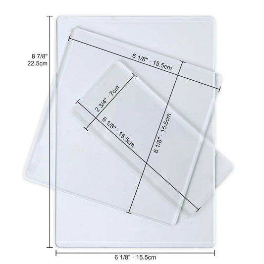 Clear Cutting Pads, Multipack of 3 Sizes ... by Sizzix. Clear plastic cutting plates to use with Sizzix steel-rule dies, wafer-thin dies and embossing folders. Sizes approx rectangle 8 7/8" x 6 1/8", square 6 1/8" x 6 1/8" and small rectangle 2 3/4" x 6 1/8", each is 3mm thick. 
This pack of Sizzix Cutting Pads includes an assortment of lengths to use in your die cutting adventures. Photo of the cutting pads with measurements for each plate.