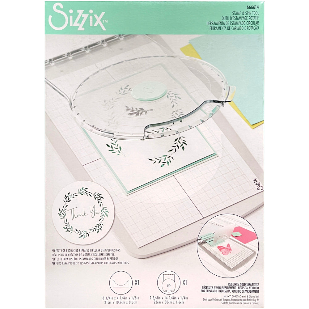Stamp and Spin Tool ... Sizzix Studio Mixed Media. For precision alignment and repetitive layering of stamps to produce repeating circular designs in mixed media, papercrafts, scrapbooking, art journaling, visual arts of all kinds. This award winning adapter for the Sizzix Stamping Platform system will enable you to create circular artwork, wreaths, rings, repeating areas of design in different angles. Features 8 inch wide circular workarea, transparent lid for accurate placement. Image of the boxed product