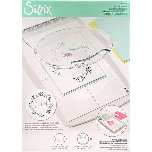 Stamp and Spin Tool ... Sizzix Studio Mixed Media. For precision alignment and repetitive layering of stamps to produce repeating circular designs in mixed media, papercrafts, scrapbooking, art journaling, visual arts of all kinds. This award winning adapter for the Sizzix Stamping Platform system will enable you to create circular artwork, wreaths, rings, repeating areas of design in different angles. Features 8 inch wide circular workarea, transparent lid for accurate placement. Image of the boxed product