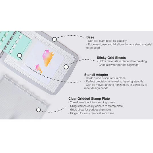 Stencil and Stamp Tool (Registration Press Tool) ... Sizzix Studio Mixed Media. For precision alignment and repetitive layering of art stencils and stamps to use in mixed media, papercrafts, art journaling, visual arts of all kinds. Perfectly align stencils and stamps to create a boxful of greeting cards, stamp words and phrases inside books (easily restamping in the exact same place if miss-inked or multi colour stamping), layer patterns, line up designs. Package contents.