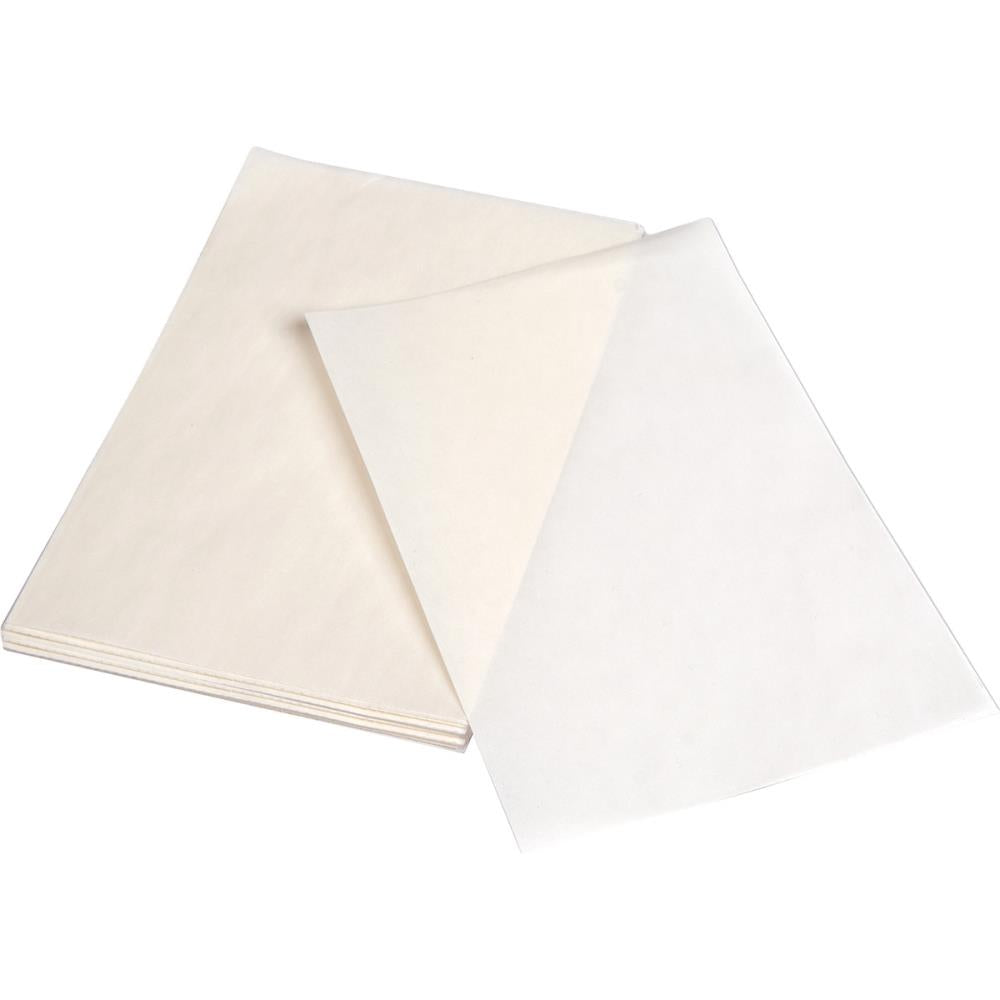 Release Sheets - by Sizzix ... rectangles of waxed paper to help with easy removal of die cut pieces when diecutting small or intricate designs. 25 (twenty five) sheets, 6"x4" (15.24cm x 10.16cm).   Perfect to use for die cutting small, intricate and very detailed die cutting templates like delicate wings and tiny alphabets. Photo of a stack of sheets with a loose layer.