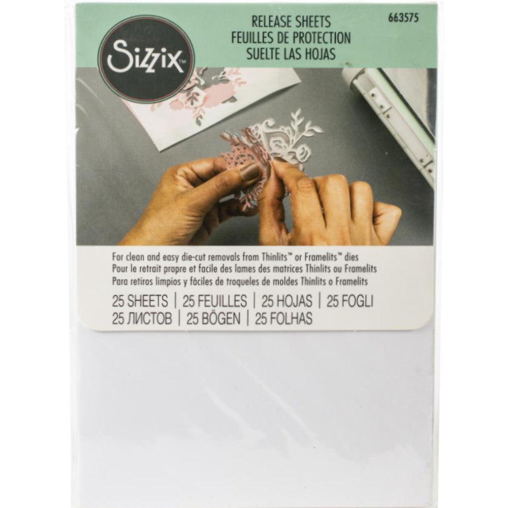 Release Sheets - by Sizzix ... rectangles of waxed paper to help with easy removal of die cut pieces when diecutting small or intricate designs. 25 (twenty five) sheets, 6"x4" (15.24cm x 10.16cm).   Perfect to use for die cutting small, intricate and very detailed die cutting templates like delicate wings and tiny alphabets. Photo of the packet.