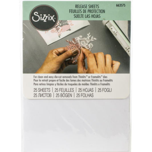 Release Sheets - by Sizzix ... rectangles of waxed paper to help with easy removal of die cut pieces when diecutting small or intricate designs. 25 (twenty five) sheets, 6"x4" (15.24cm x 10.16cm).   Perfect to use for die cutting small, intricate and very detailed die cutting templates like delicate wings and tiny alphabets. Photo of the packet.