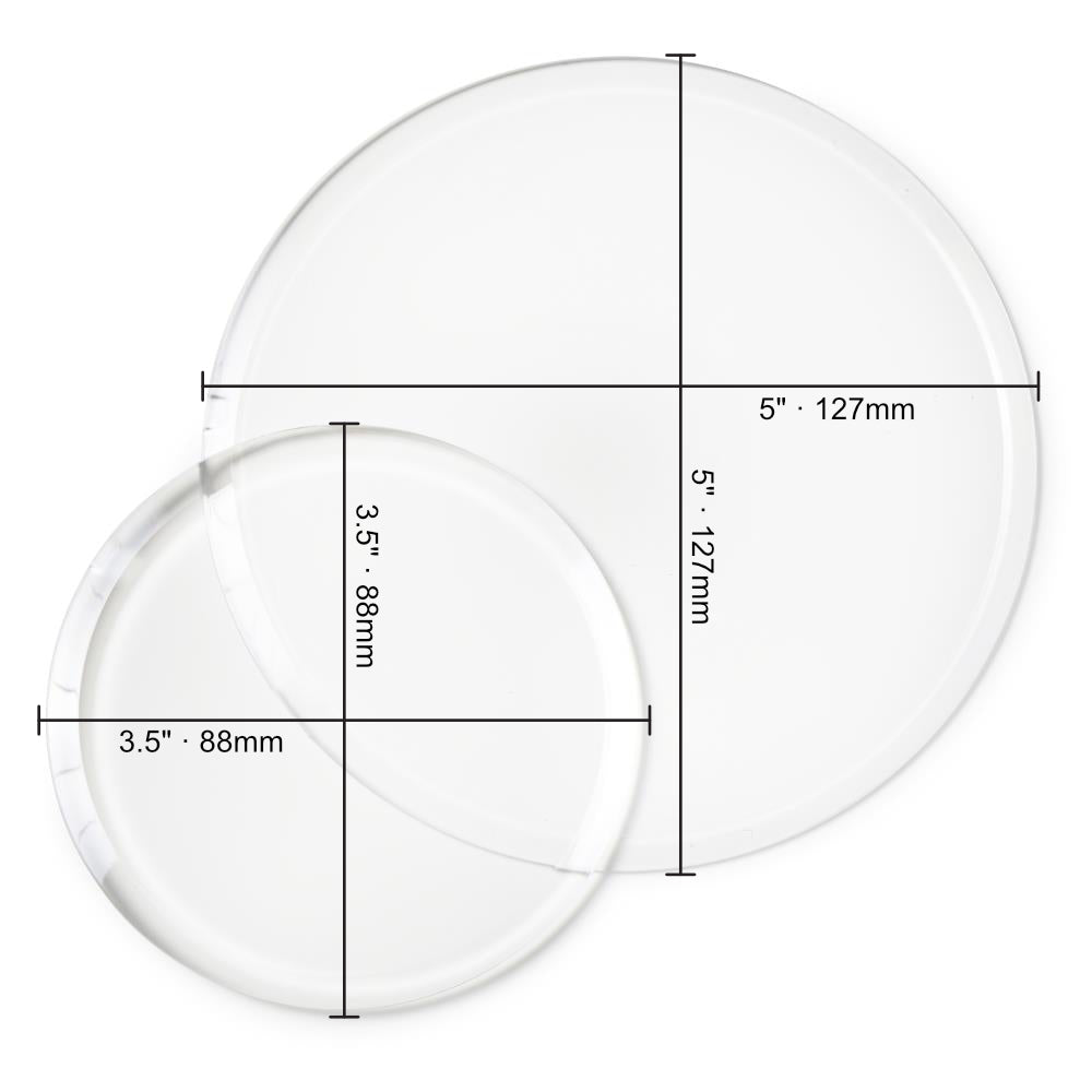 Clear Cutting Pads, Round, 2 Sizes ... by Sizzix. Clear circular plastic cutting plates to use with Sizzix die cutting templates and embossing folders. Sizes approx 5" x 5" (127mm in diameter) and 3 1/2" x 3 1/2" (88mm in diameter), each is 3mm thick (one of each size). This pack of Sizzix Cutting Pads includes a wonderful pair of round discs, circular cutting plates to use in your die cutting adventures. Photo of the clear discs with measurements marked.