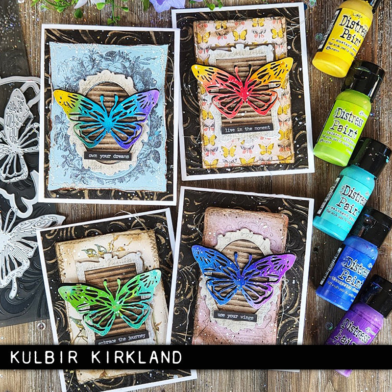 colourful cards made by Kulbir Kirland using - Scribbly Butterflies, large - from the Vault Thinlits Die Cutting Templates by Tim Holtz, made by Sizzix (no.666564). These designs cut out 2 beautiful butterflies including their backing piece and detailed upper layers. Add these wonderful and versatile designs to greeting cards, tags, off the page displays, cards, scrapbook pages, art journaling, all kinds of visual arts and papercrafts.