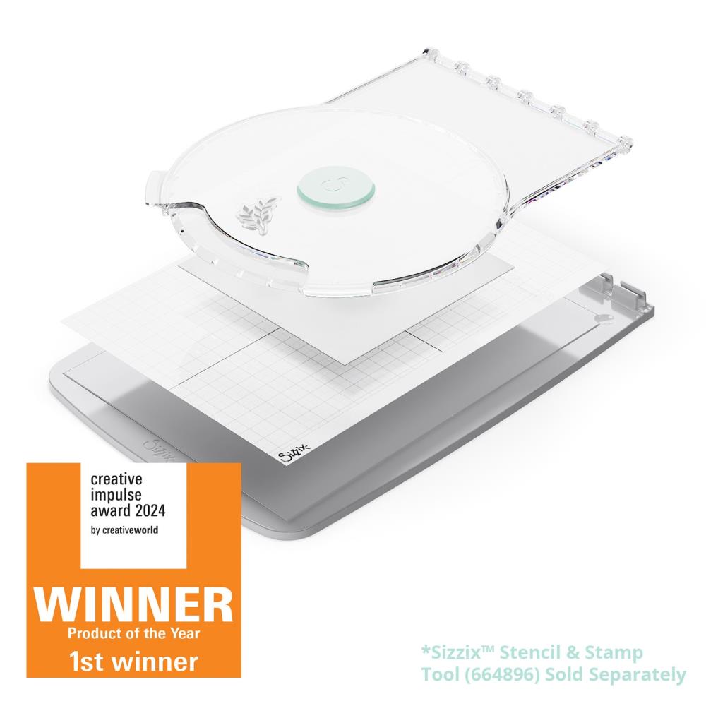 Stamp and Spin Tool ... Sizzix Studio Mixed Media. For precision alignment and repetitive layering of stamps to produce repeating circular designs in mixed media, papercrafts, scrapbooking, art journaling, visual arts of all kinds. This award winning adapter for the Sizzix Stamping Platform system will enable you to create circular artwork, wreaths, rings, repeating areas of design in different angles. Features 8 inch wide circular workarea, transparent lid for easy placement. The tool with base.