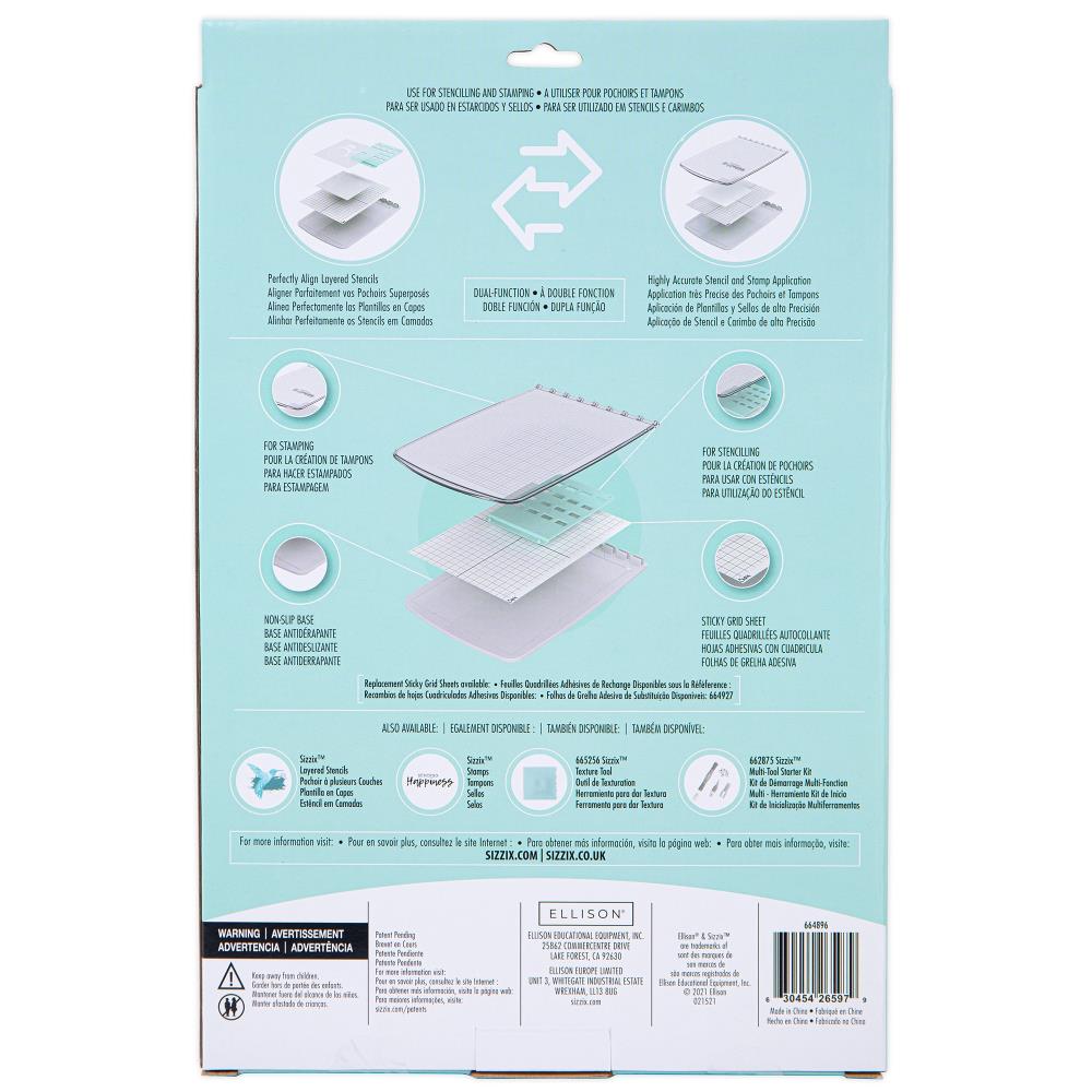 Stencil and Stamp Tool (Registration Press Tool) ... Sizzix Studio Mixed Media. For precision alignment and repetitive layering of art stencils and stamps to use in mixed media, papercrafts, art journaling, visual arts of all kinds. Perfectly align stencils and stamps to create a boxful of greeting cards, stamp words and phrases inside books (easily restamping in the exact same place if miss-inked or multi colour stamping), layer patterns, line up designs. Packaging information.