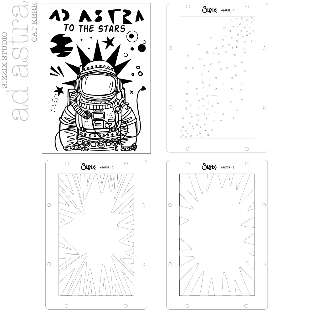 overview : Ad Astra (to the stars) - Stencils and Stamps ... Sizzix Studio Mixed Media Kit ... by Cat Kerr and Sizzix. Layering art stencils and clear acrylic stamps to use for mixed media, papercrafts, art journaling, visual arts of all kinds. The set includes 10 (ten) stamp designs and 3 (three) stencil sheets with coordinating patterns. This 'Ad Astra' set of stamps and stencils designed by Cat Kerr has fun versatile stencils from out of this world!
