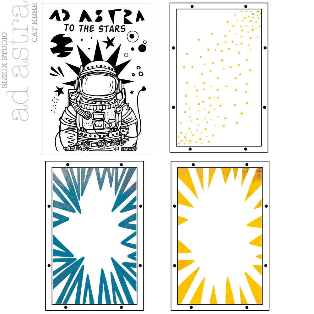 overview : Ad Astra (to the stars) - Stencils and Stamps ... Sizzix Studio Mixed Media Kit ... by Cat Kerr and Sizzix. Layering art stencils and clear acrylic stamps to use for mixed media, papercrafts, art journaling, visual arts of all kinds. The set includes 10 (ten) stamp designs and 3 (three) stencil sheets with coordinating patterns. This 'Ad Astra' set of stamps and stencils designed by Cat Kerr has fun versatile stencils from out of this world!