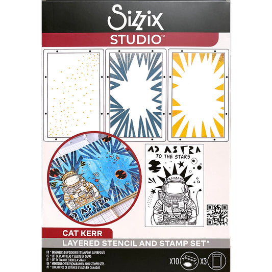Ad Astra (to the stars) - Stencils and Stamps ... Sizzix Studio Mixed Media Kit ... by Cat Kerr and Sizzix. Layering art stencils and clear acrylic stamps to use for mixed media, papercrafts, art journaling, visual arts of all kinds. The set includes 10 (ten) stamp designs and 3 (three) stencil sheets with coordinating patterns. This 'Ad Astra' set of stamps and stencils designed by Cat Kerr has fun versatile stencils from out of this world!