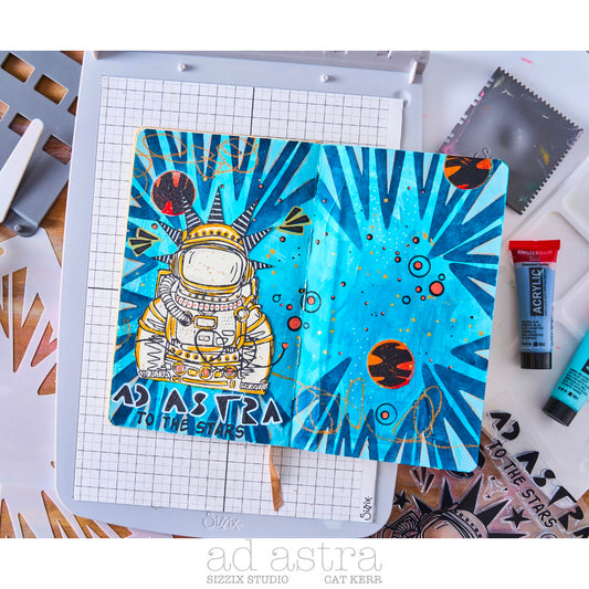 example made by Cat Kerr using : Ad Astra (to the stars) - Stencils and Stamps ... Sizzix Studio Mixed Media Kit ... by Cat Kerr and Sizzix. Layering art stencils and clear acrylic stamps to use for mixed media, papercrafts, art journaling, visual arts of all kinds. The set includes 10 (ten) stamp designs and 3 (three) stencil sheets with coordinating patterns. This 'Ad Astra' set of stamps and stencils designed by Cat Kerr has fun versatile stencils from out of this world!