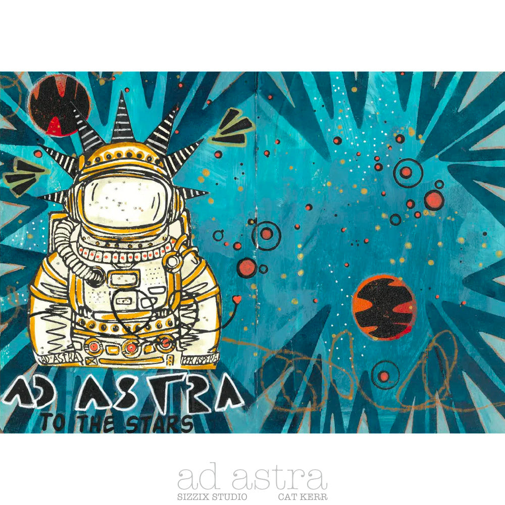 example made by Cat Kerr using : Ad Astra (to the stars) - Stencils and Stamps ... Sizzix Studio Mixed Media Kit ... by Cat Kerr and Sizzix. Layering art stencils and clear acrylic stamps to use for mixed media, papercrafts, art journaling, visual arts of all kinds. The set includes 10 (ten) stamp designs and 3 (three) stencil sheets with coordinating patterns. This 'Ad Astra' set of stamps and stencils designed by Cat Kerr has fun versatile stencils from out of this world!