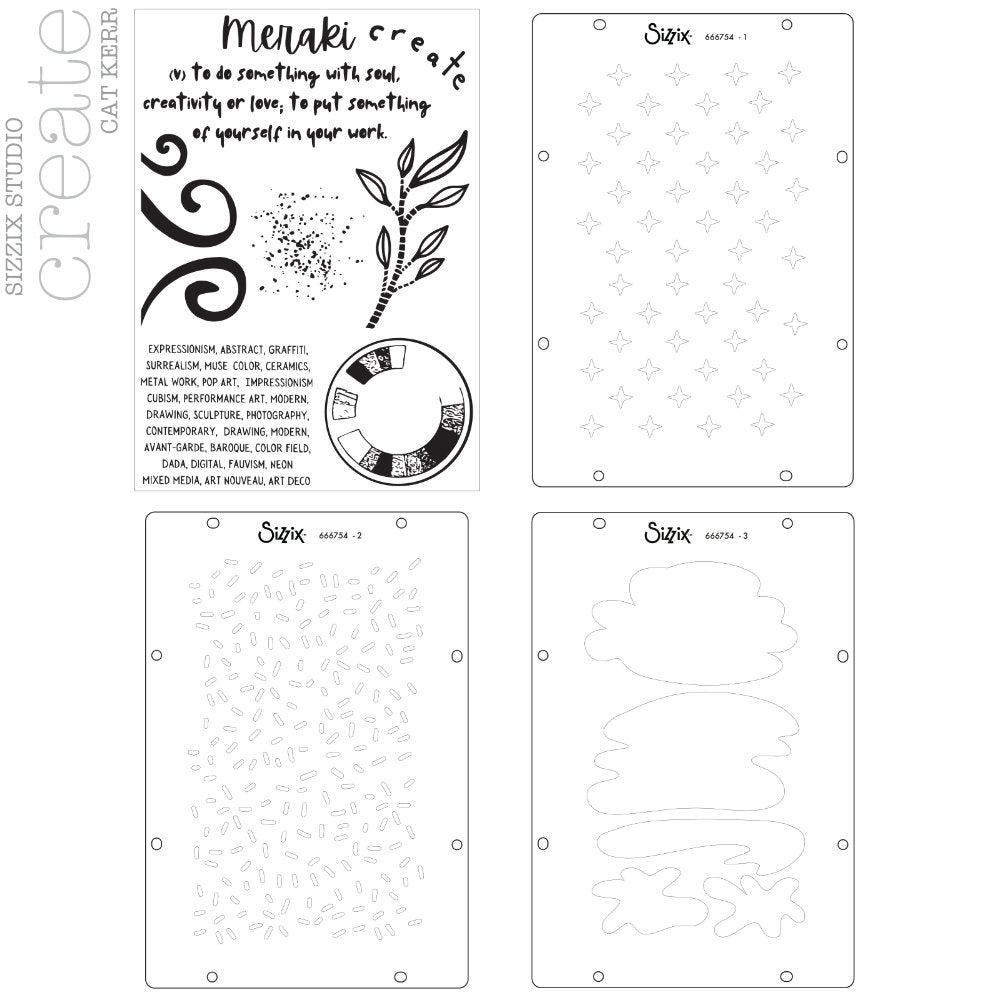 Create - Stencils and Stamps ... Sizzix Studio Mixed Media Kit ... by Cat Kerr and Sizzix. Layering art stencils and clear acrylic stamps to use for mixed media, papercrafts, art journaling, visual arts of all kinds. 7 stamp designs and 3 stencil sheets with coordinating patterns. Designs feature swirls, spatters, leafy branch, circle with shapes within, a block of text (uppercase, fine text) with many ways to describe "art", and Meraki definition. Image of the designs.